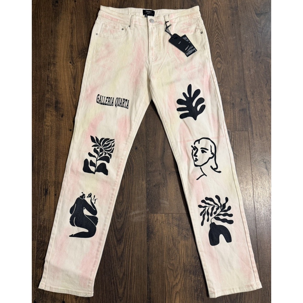 Forever 21 Mens Galleria Quarta Graphic Slim-Fit Jeans White size 31x 31